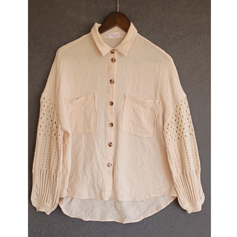 Button Down Cotton Gauze Oversized Tot Cream Crochet Sleeve Shirt Small Boho